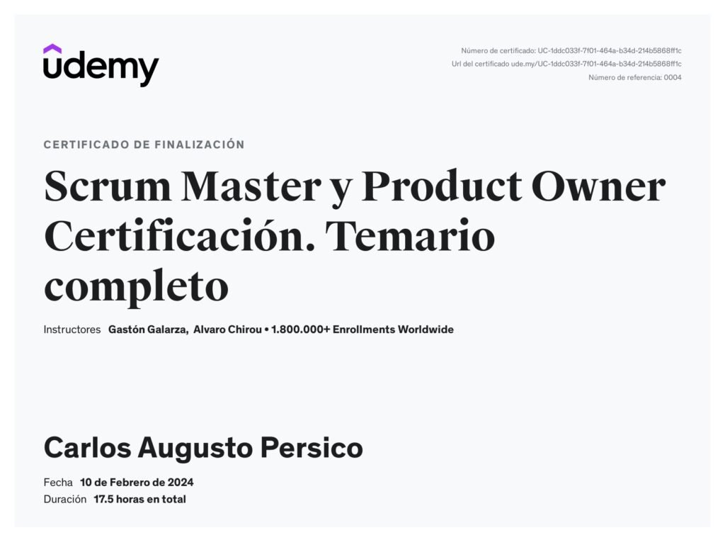 Certificado de Scrum Master y Product Owner